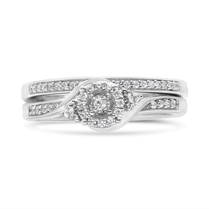 .925 Sterling Silver 1/4 Cttw Diamond Halo and Swirl Engagement Ring and Wedding Band Set (I-J Color, I3 Clarity)- Ring Size 7