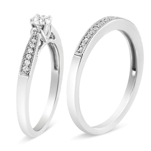 .925 Sterling Silver 1/3 Cttw Diamond Classic Engagement Ring Bridal Set with Milgrain (I-J Color, I3 Clarity) - Ring Size 7