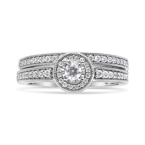 .925 Sterling Silver 1/2 Ctw Diamond Halo and Milgrain Engagement Ring Bridal Set (I-J Color, I3 Clarity) - Ring Size 7