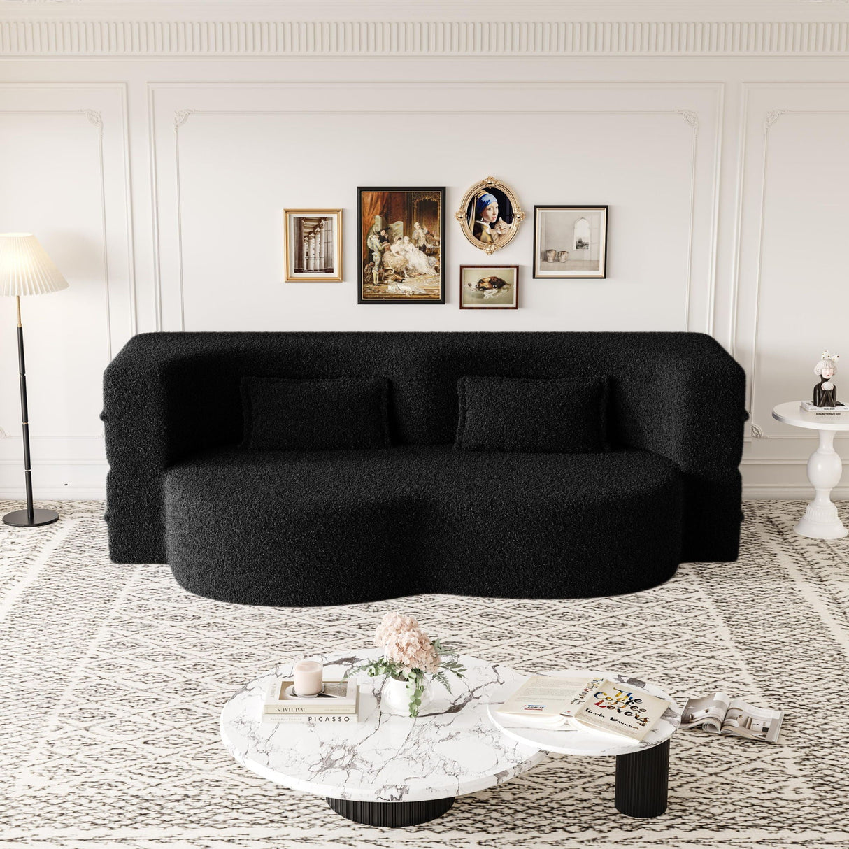 Modern Floor Sofa With 2 Pillows Convertible Teddy Fabric Foam Filled Bed