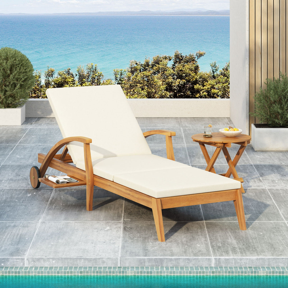 Versatile Chaise Lounge With Wheels Acacia Wood Recliner For Patio - Cream - Best Buy Furniture