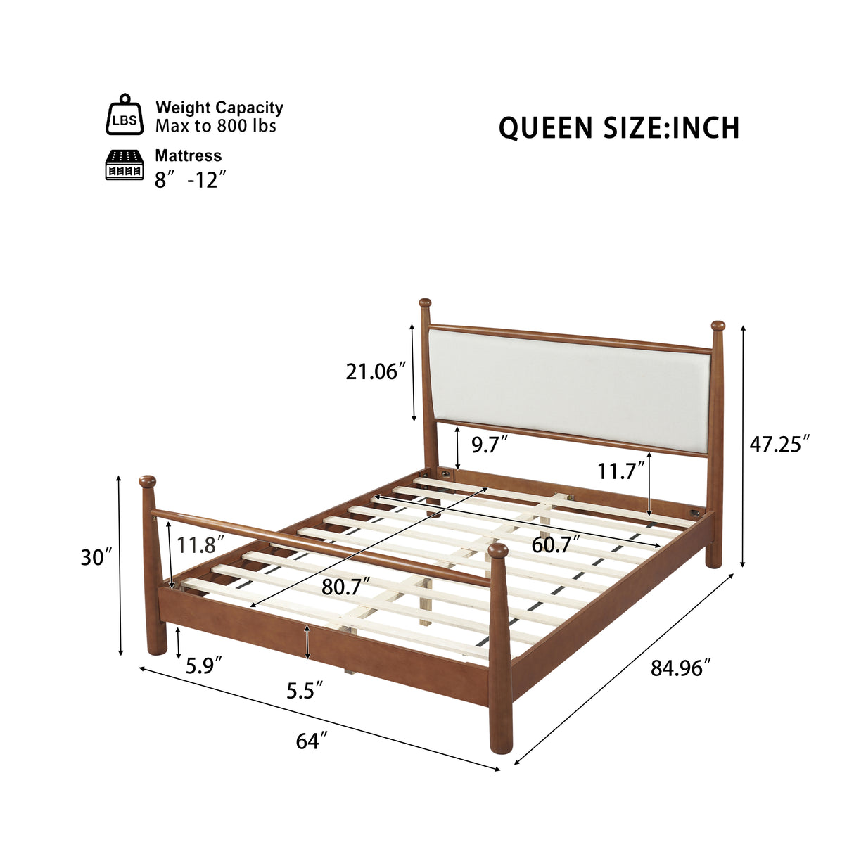 Solid Poplar & Plywood Bed Frame with Upholstered Headboard, Queen