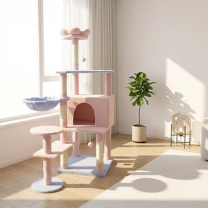 Flower Cat Tree with Large Condo, Removable Cushion and Hammock, 56-Inch, Pink