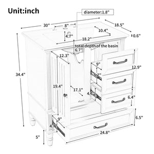 30" Bathroom Vanity With Sink, 3 Drawers, Adjustable Feet