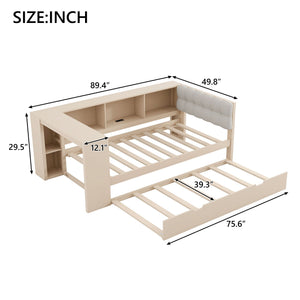 Upholstered Headboard Platform Bed with Storage Shelves, Trundle, and Charging Station