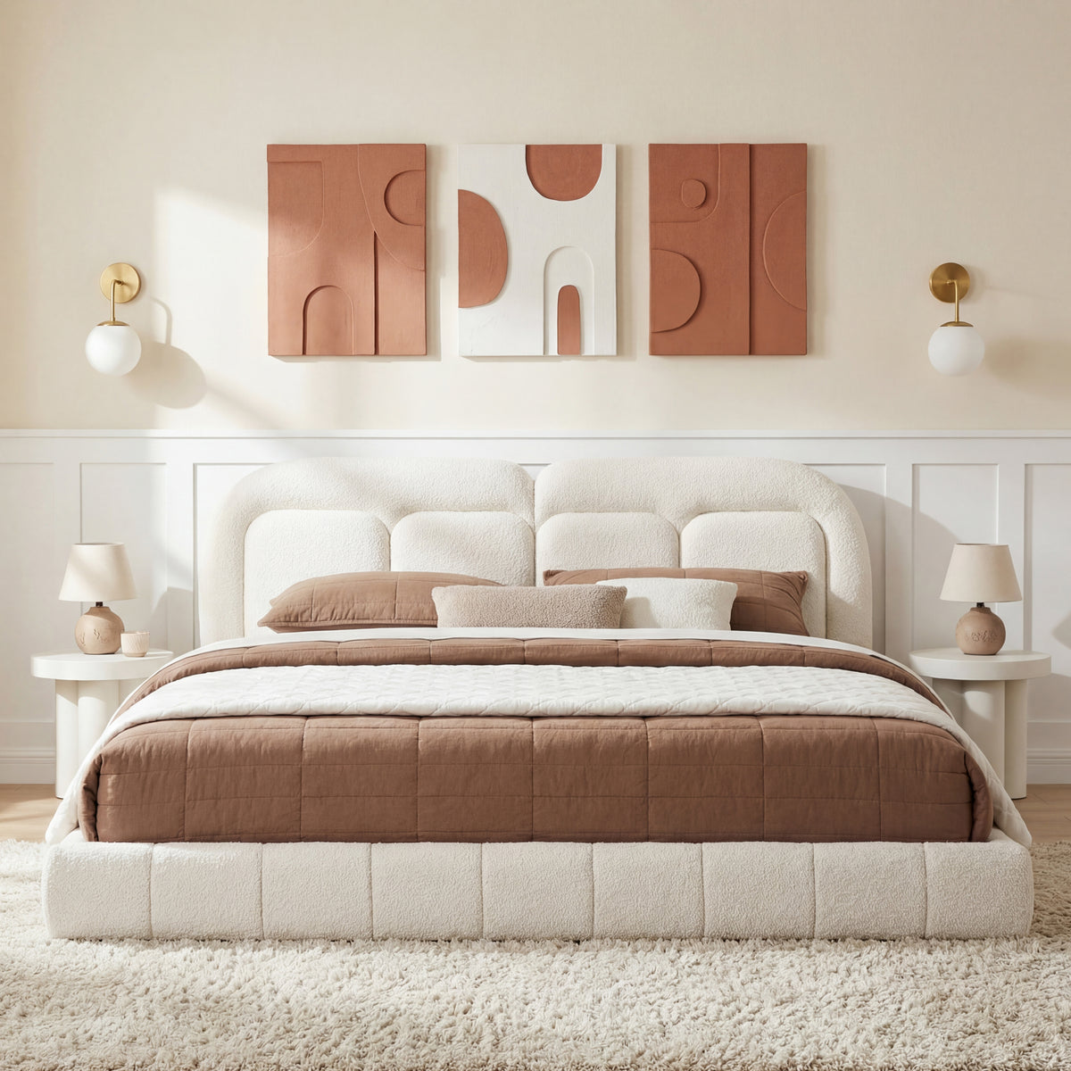 King Size Boucle Upholstered Platform Bed with Tufted Headboard