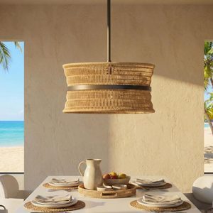 Wicker Boho Chandelier, 4-Light Coastal Rattan Pendant, 18-Inch Hand Woven, Beige