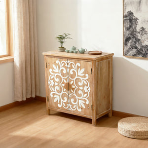 Rustic Wooden Accent Cabinet with Floral Carved Doors