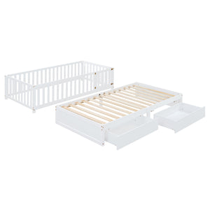 Daybed With Fence Guardrails And 2 Drawers, Split Into Independent Floor Bed & Daybed