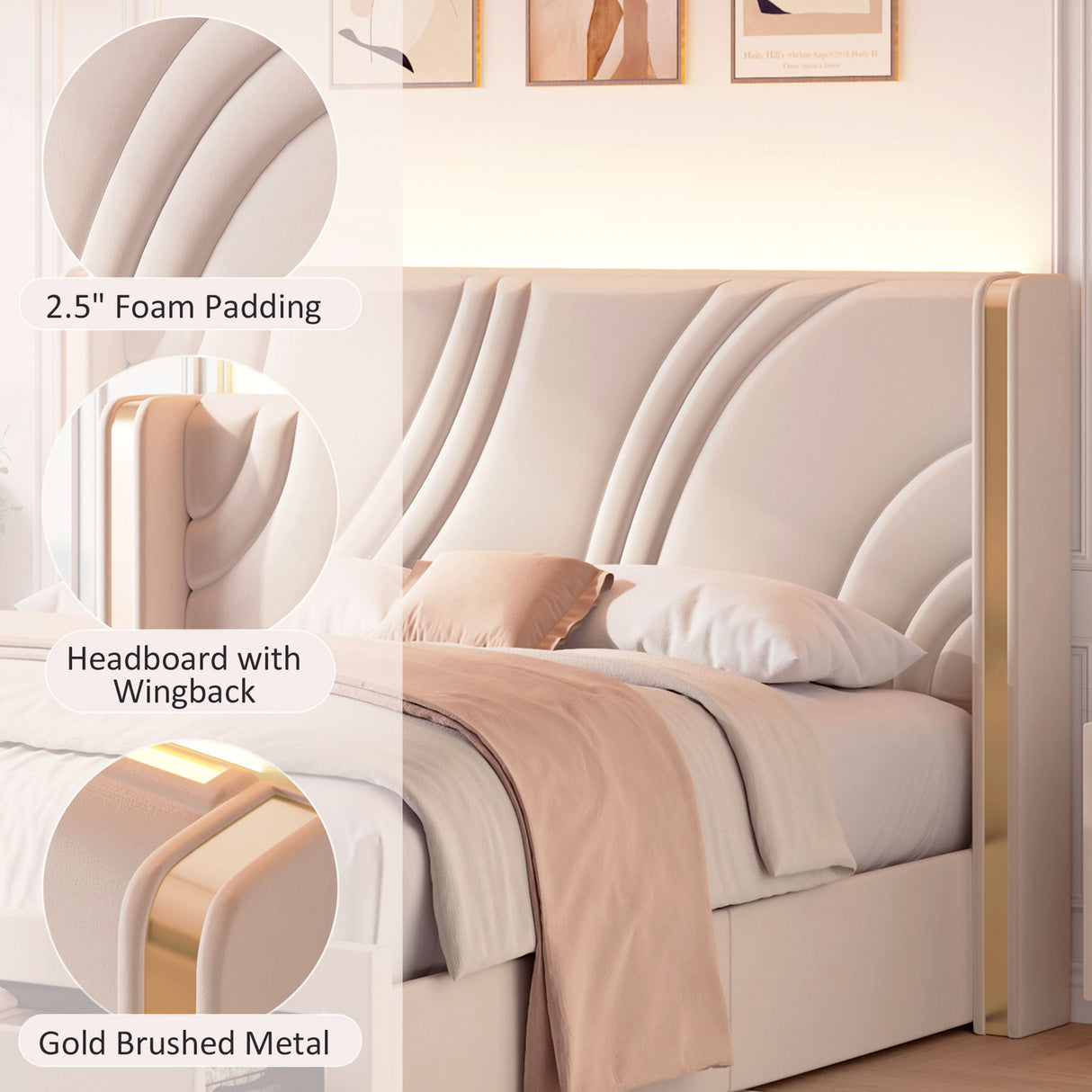 Modern Upholstered LED Bed Frame With Storage Drawers, Wingback Headboard, RGB Light