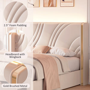 Modern Upholstered LED Bed Frame With Storage Drawers, Wingback Headboard, RGB Light