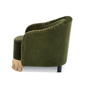 Serena 31.5" Ruched Barrel Back Accent Arm Chair with Bullion Fringe, Olive