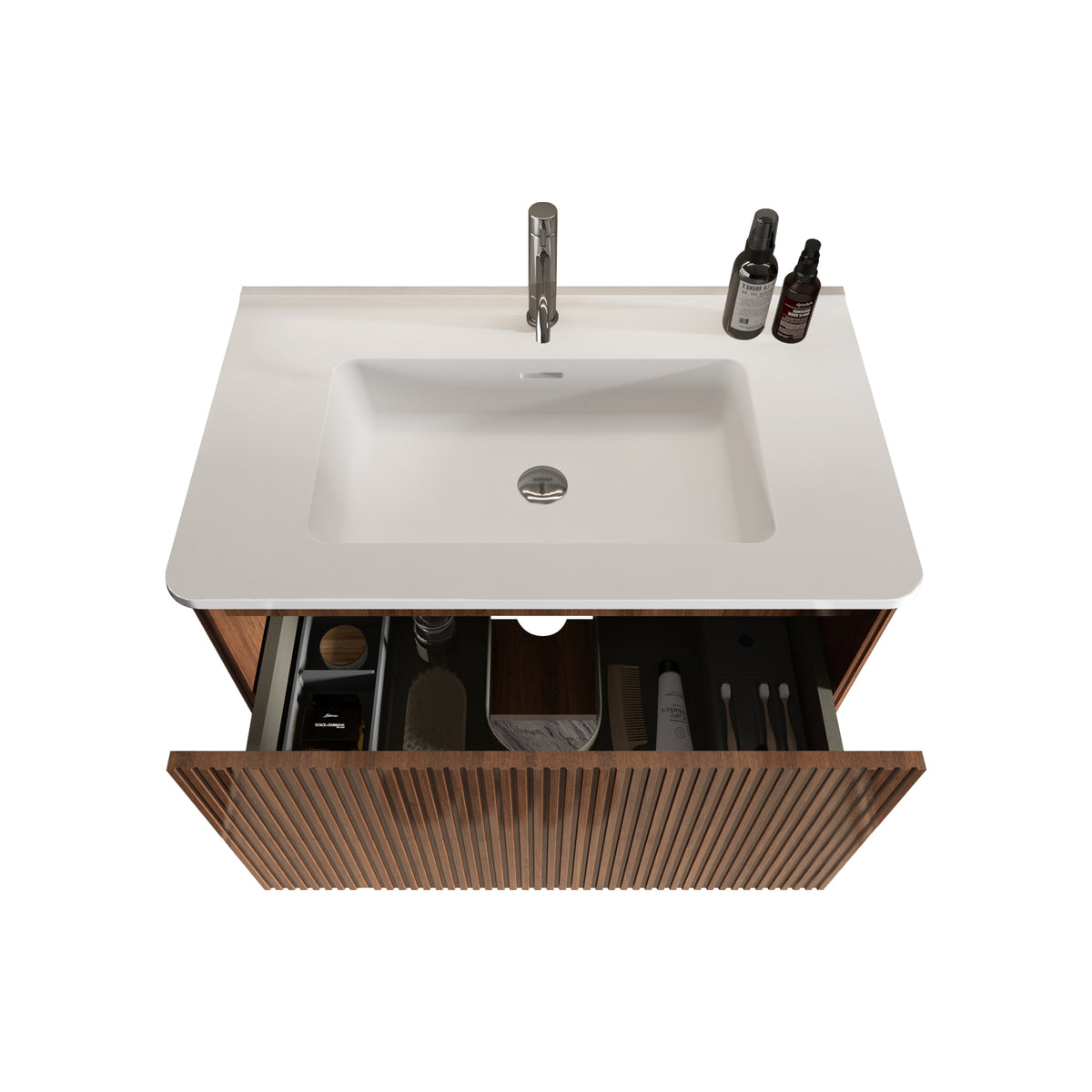 Etna 30" Striped Walnut Bathroom Vanity with White Sink
