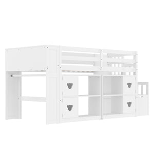Loft Bed With Storage Cabinets, Staircase Drawers & LED Lights