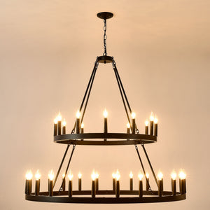2 Tiers Wagon Wheel Chandelier Wooden Farmhouse 36 Light (24 / 12) Or (12 / 24) Metal Chandeliers 2 Story Light Fixtures Industrial For High Ceiling Living Dining Room Foyer, Adjustable Height - Black