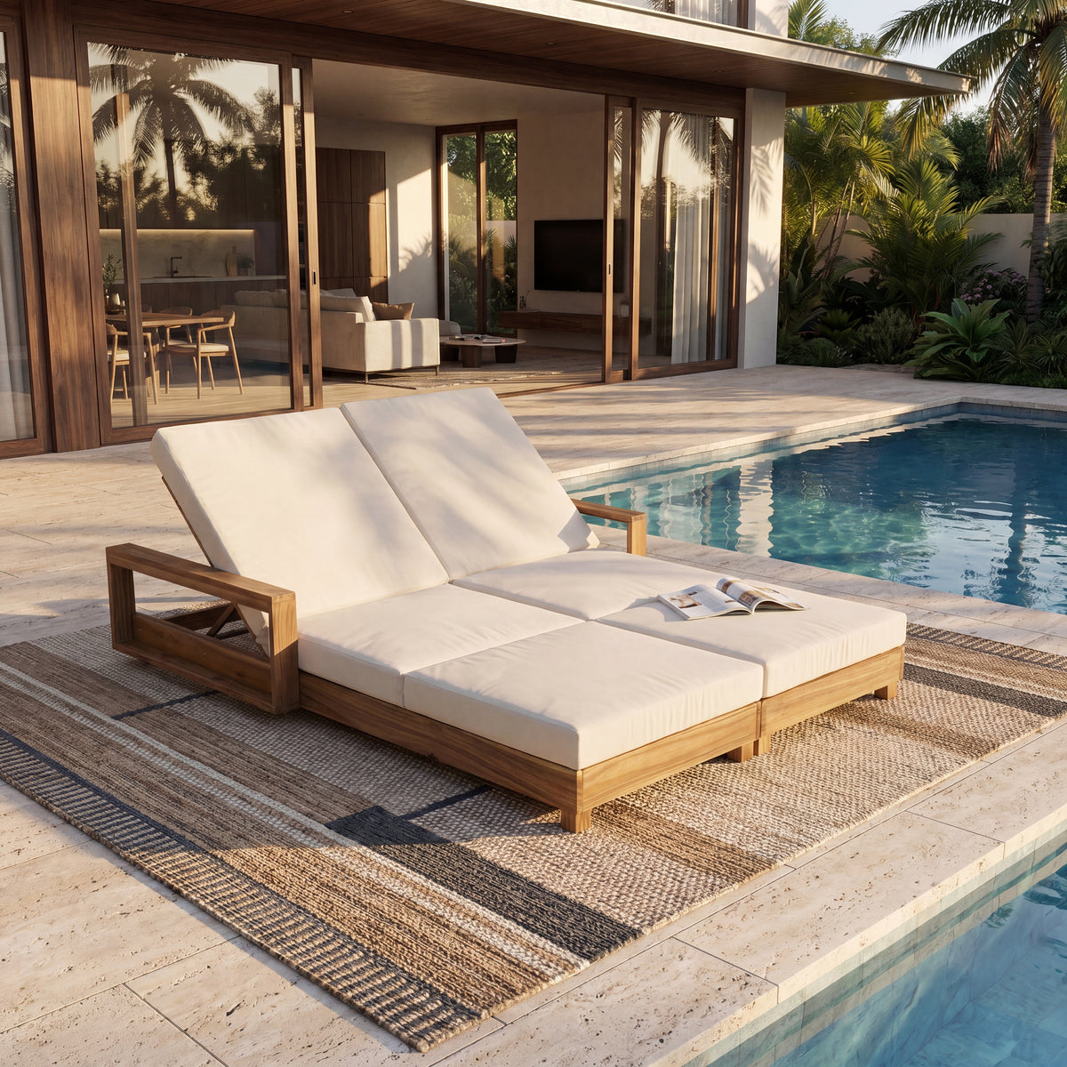 Double Acacia Wood Chaise Lounge Set