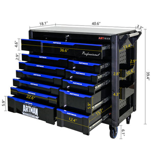 12 Layer Drawer Multi Purpose Tool Cart With Wheels And Iron Top - Black / Blue