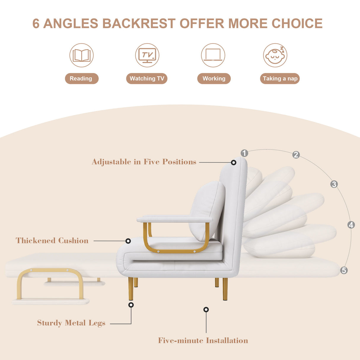 3 In 1 Convertible Folding Sofa Bed With Adjustable Backrest And Pillow