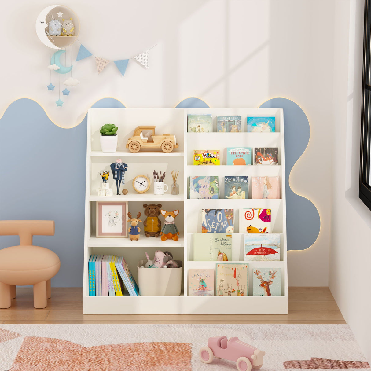 Bookshelf and Toy Storage Organizer, 4 Tier Bookcase with Display Stand for Playroom
