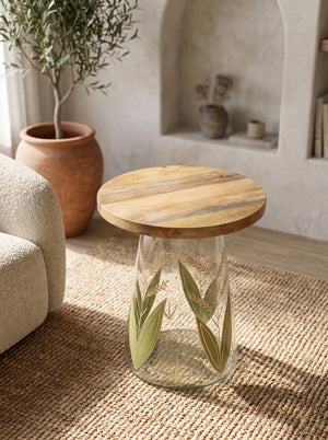 16x17.5" Glass Side Table with Wood Top