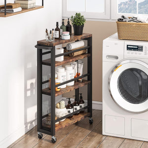 Slim 4 Tier Rolling Utility Cart With Wheels, Narrow Kitchen Storage Trolley - Brown / Black