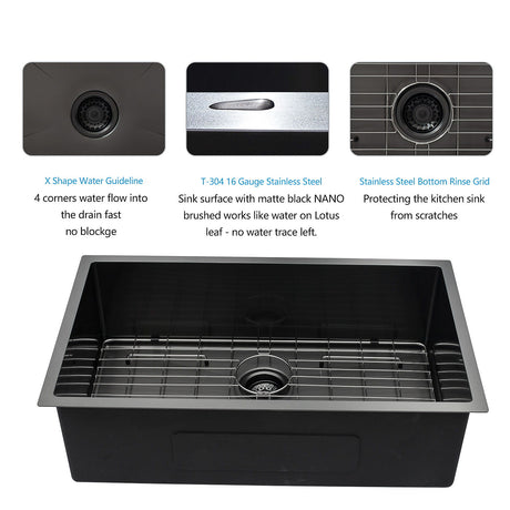 28" Undermount Kitchen Sink 16 Gauge 10" Deep Single Bowl - Gunmetal Black
