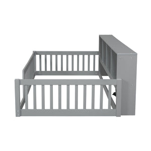 Twin Long Floor Bed With Storage Cabinets And USB Ports - Gray
