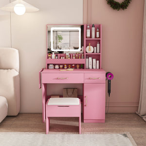 Vanity Desk With LED Mirror Lights And Power Outlet Charging Station, 3 Drawers, 7 Shelves, Storage Stool - Pink