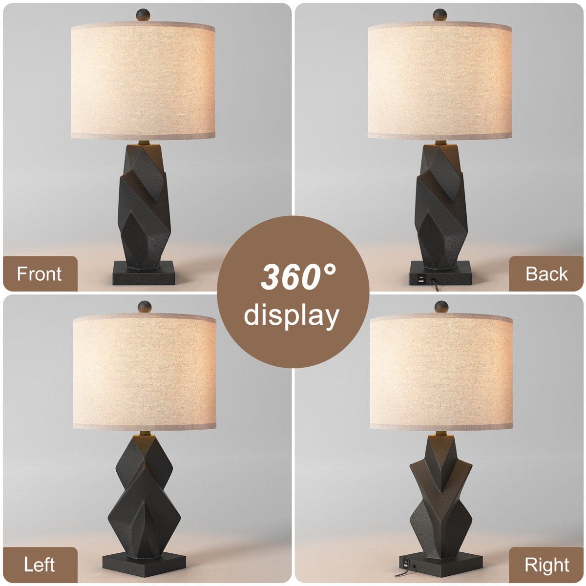 Modern Resin Table Lamp, 24.5-Inch, 3-Way Dimmable with USB and Type-C, Black, Set of 2