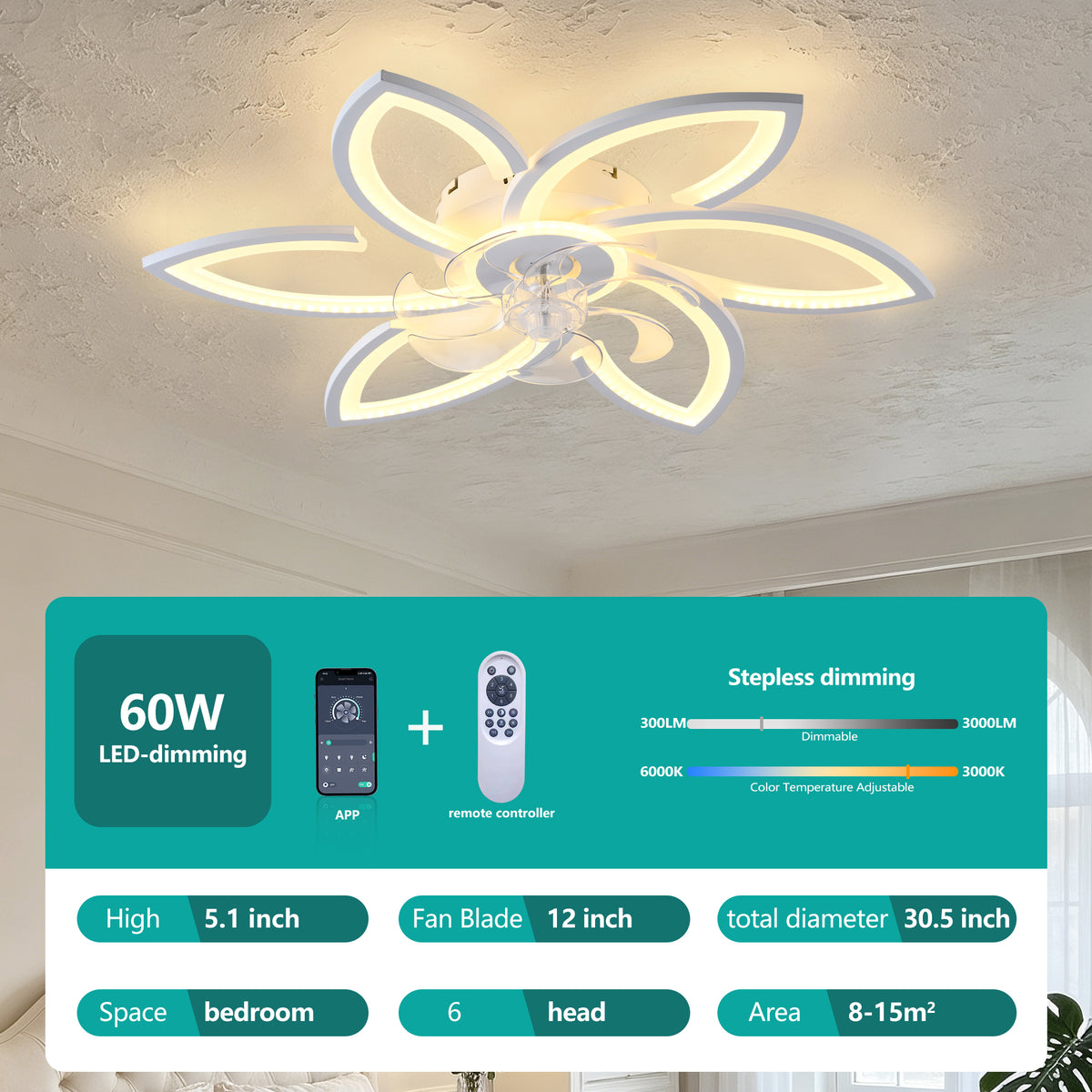 30" White Flower 6 Speeds Flush Mount Ceiling Fan