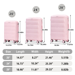 3-Piece Polypropylene Luggage Set, 20/24/28 Inch, Pink