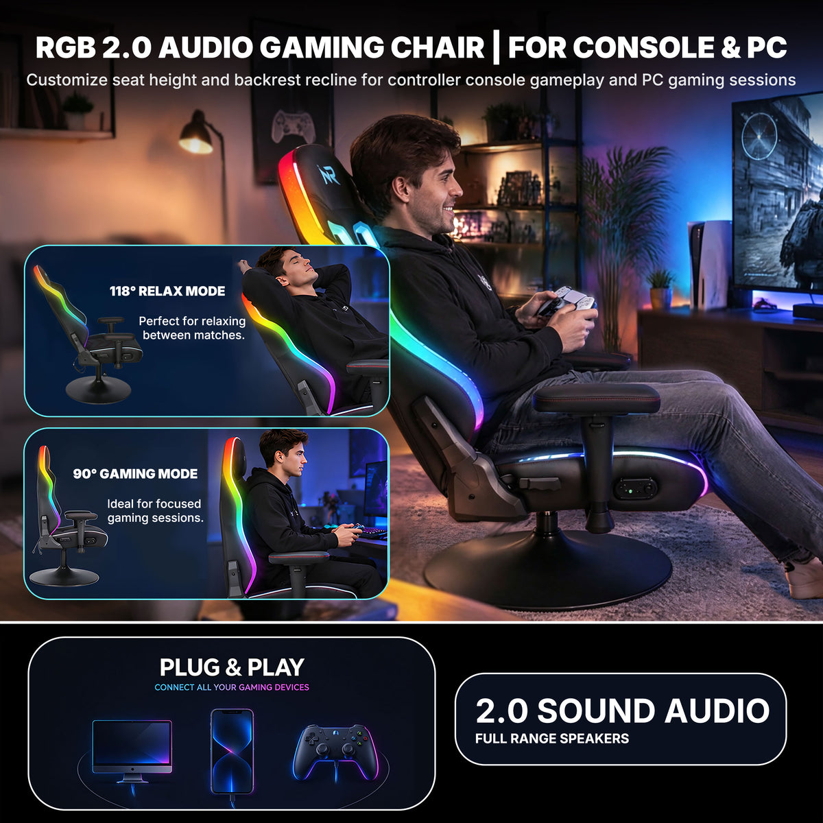 NoxRoc Pedestal Gaming Chair with Built-In Speakers and RGB Lights, Black