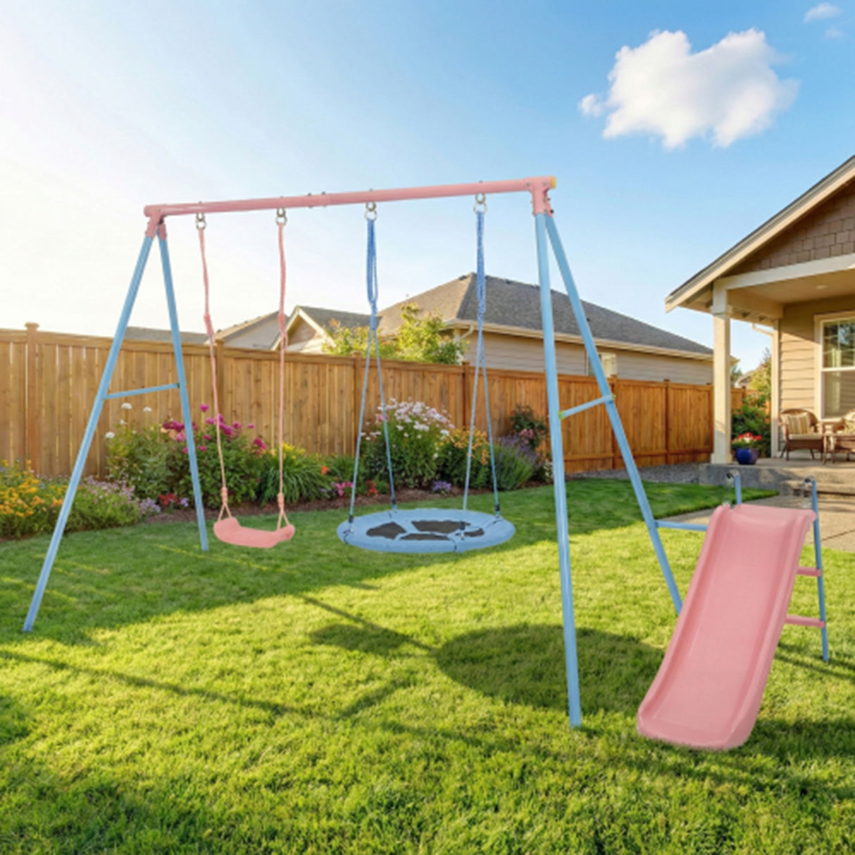 Xns107 - 2 Swing Set With Slide For Outdoor - Blue / Pink