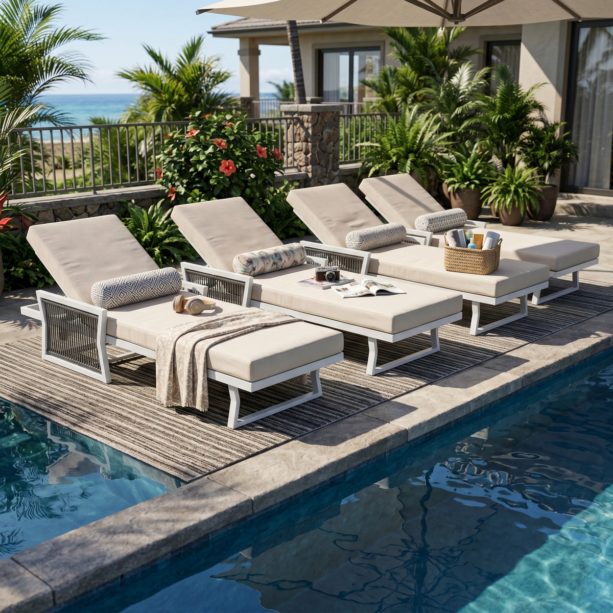 Modern White Iron Outdoor Chaise Lounger Set