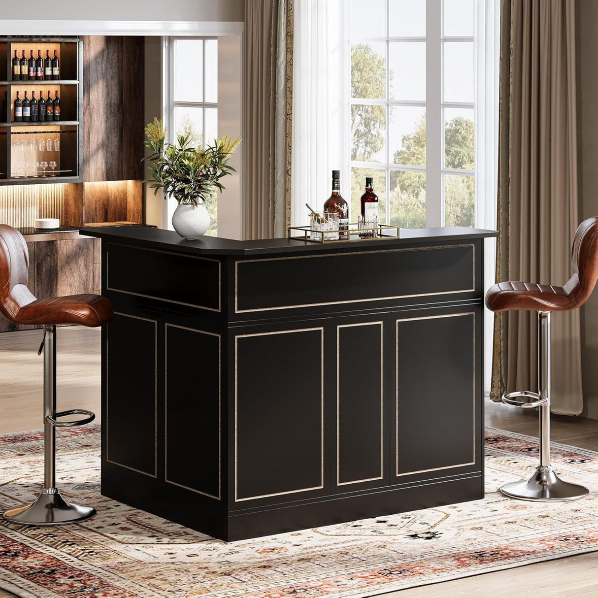 L-Shaped Home Bar Cabinet With Stemware Racks, 4 Tier Corner Unit, Liquor Wine Bar Table & Reception Desk For Home Pub - Black