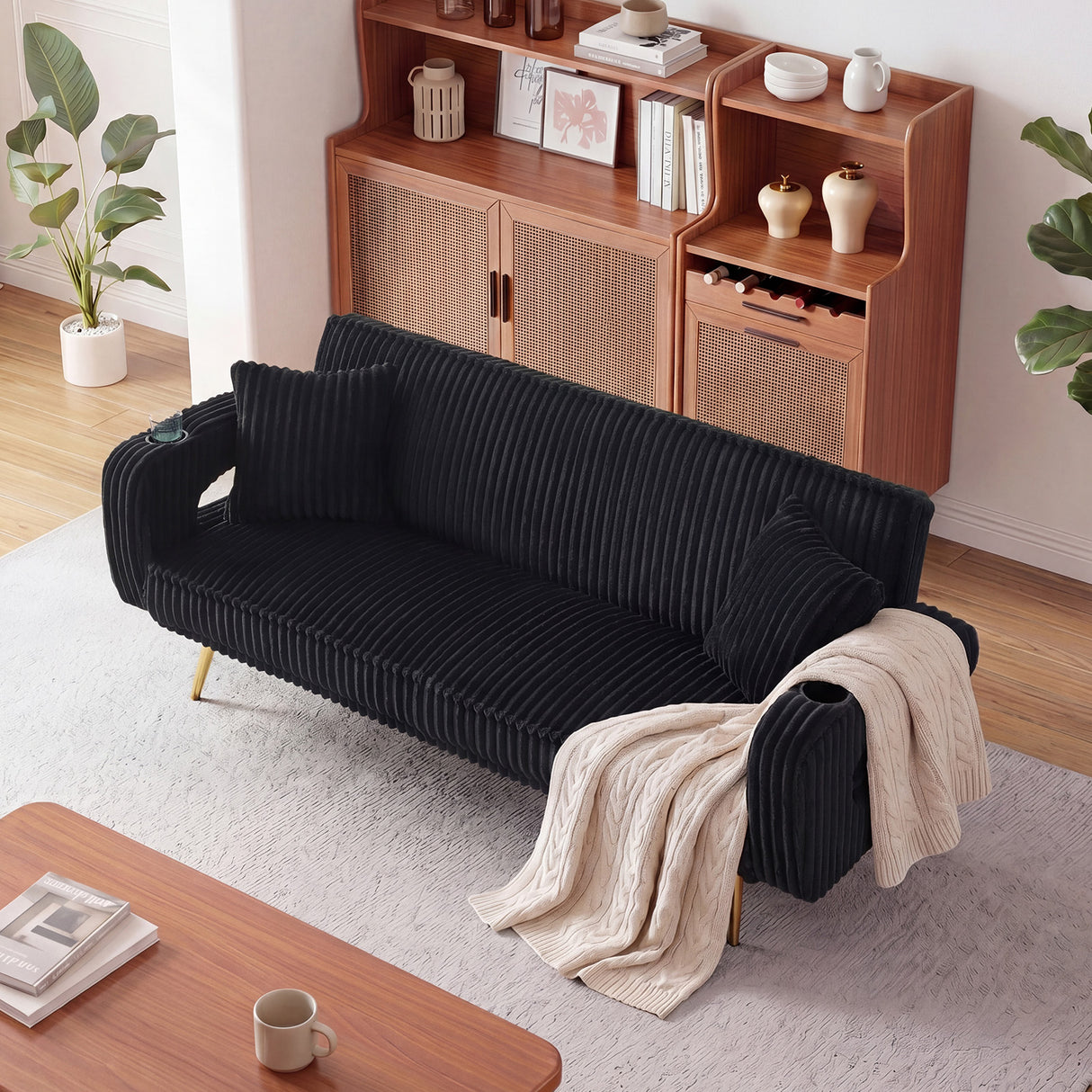 74.01 Inch Corduroy Sofa Bed with Pillows