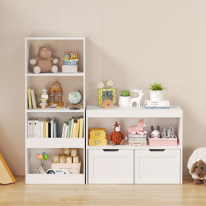 Book Organizer With Large Drawers And Open Shelves, Toy Storage Cabinet With Removable Wheels And Rounded Edges - White