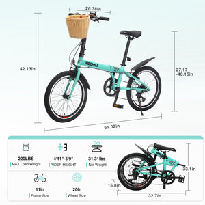 20 Inch Folding Bike for Adults with Basket, Phone Holder & Fenders