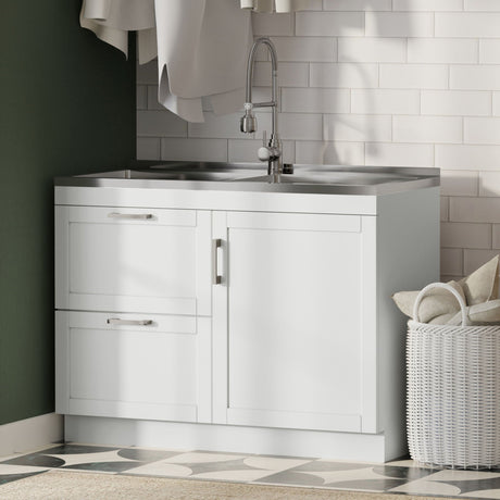 Hennessy - Laundry Utility Sink And Cabinet With Dual Sink And Pull Out Faucet - White