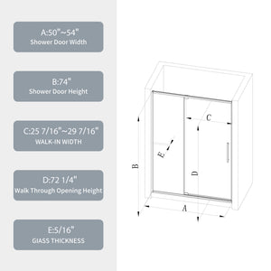 50-54"W x 74"H Pivot Shower Door with Matte Tempered Glass Finish