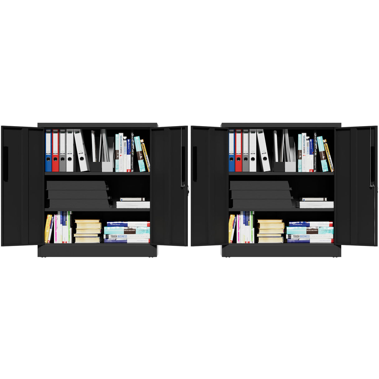 Heavy Duty Storage Cabinet With Lock, 2 Door File Cabinet With 2 Adjustable Shelves - Black