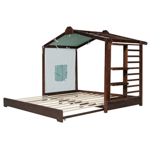 Twin Size House Bed with Trundle and Side Shelves - Pine & Plywood, White/Gray/Natural/Espresso