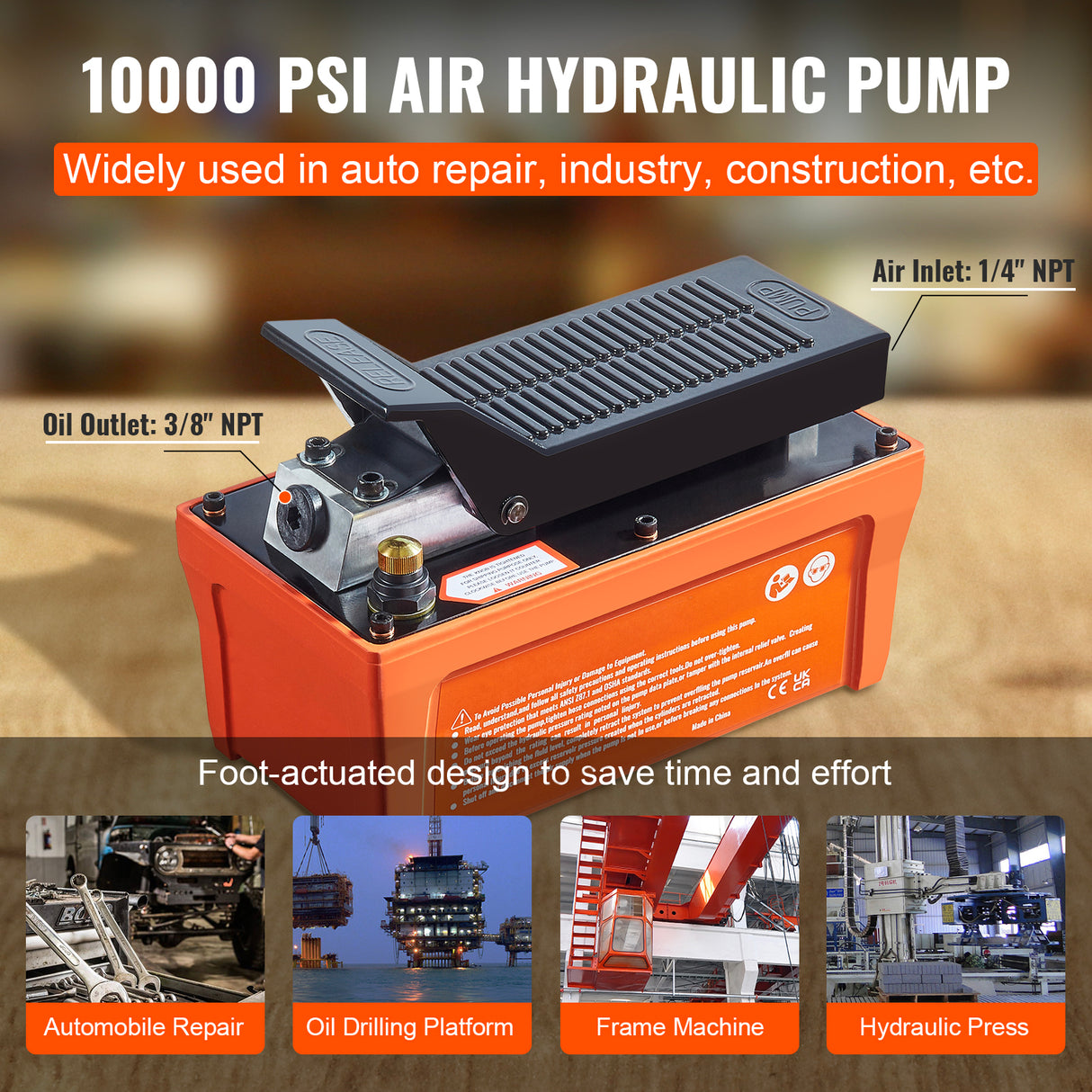 Air Hydraulic Pump with 10,000 PSI Capacity and 1/2 Gal Reservoir