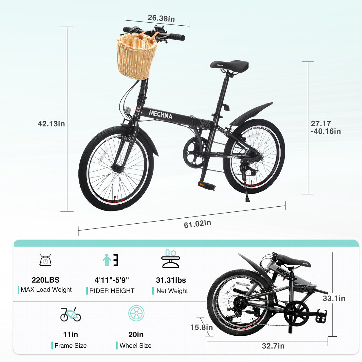 20 Inch Folding Bike for Adults with Basket and Phone Holder