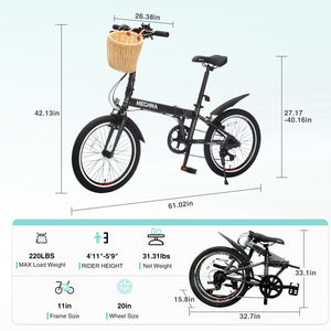 20 Inch Folding Bike for Adults with Basket and Phone Holder