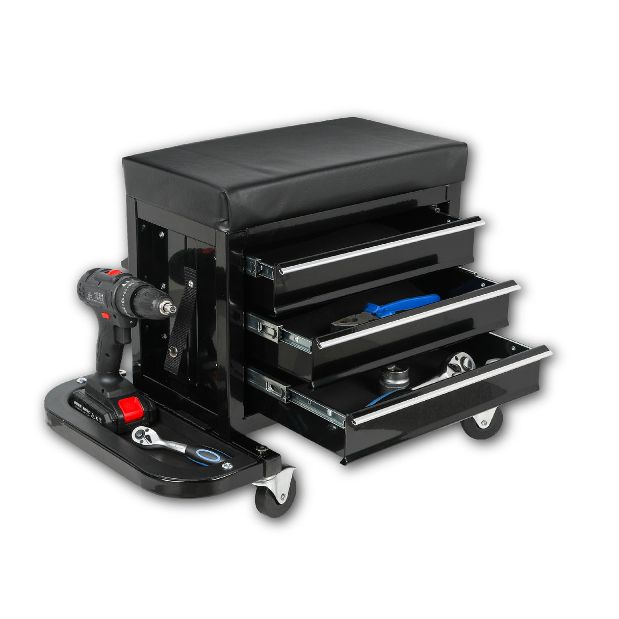 3-Drawer Tool Chest Rolling Mechanic Seat with Tool Trays