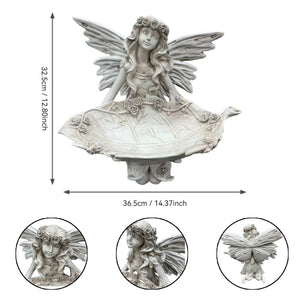 12.80" High Garden Fairy Figurine, 14.37" Wide Resin Angel Statue with Leaf Tray, Multi-Functional Bird Feeder & Decorative Tray for Outdoor & Indoor Use