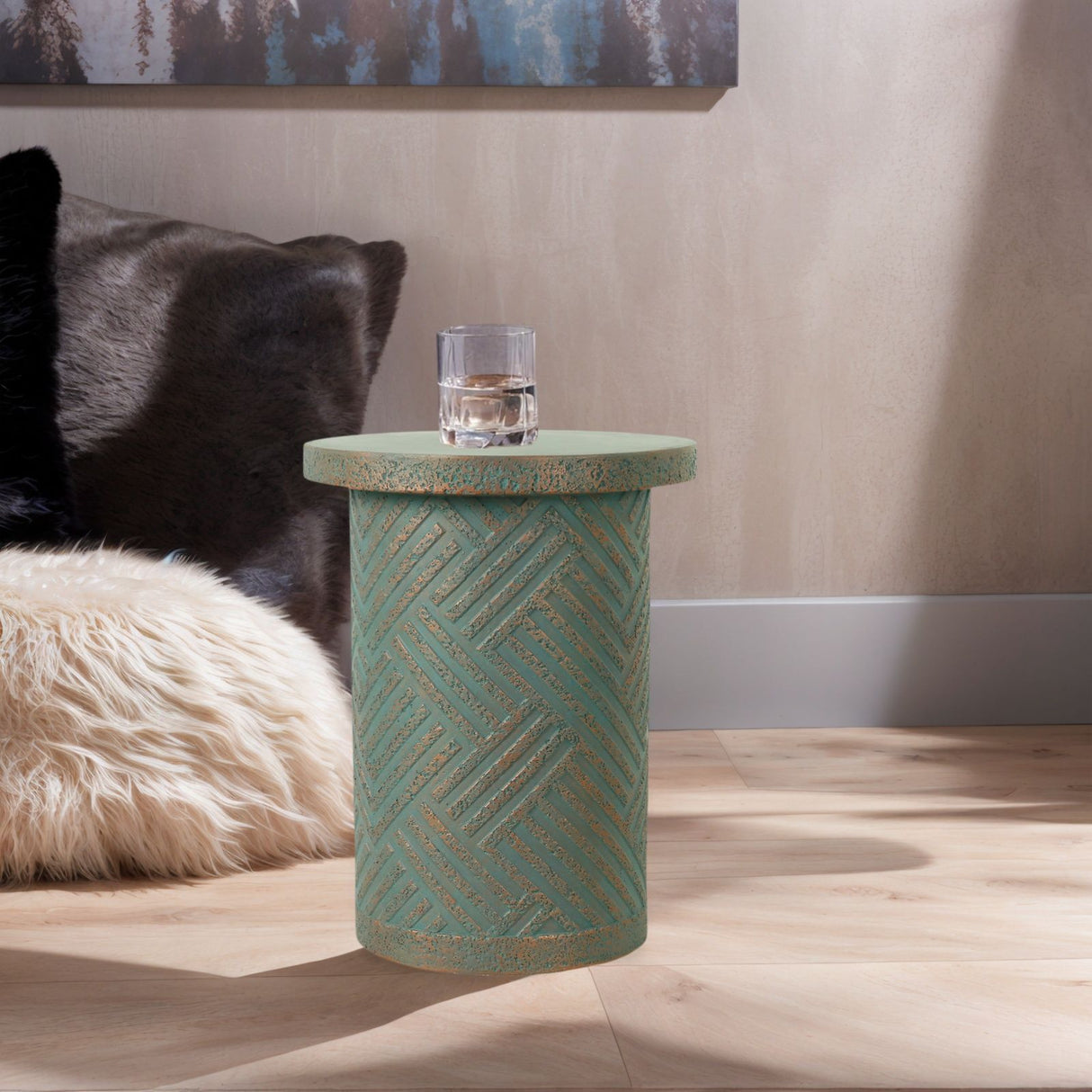 Round Outdoor End Table With Tree Stump Design For Patio - Golden / Green / Peacock