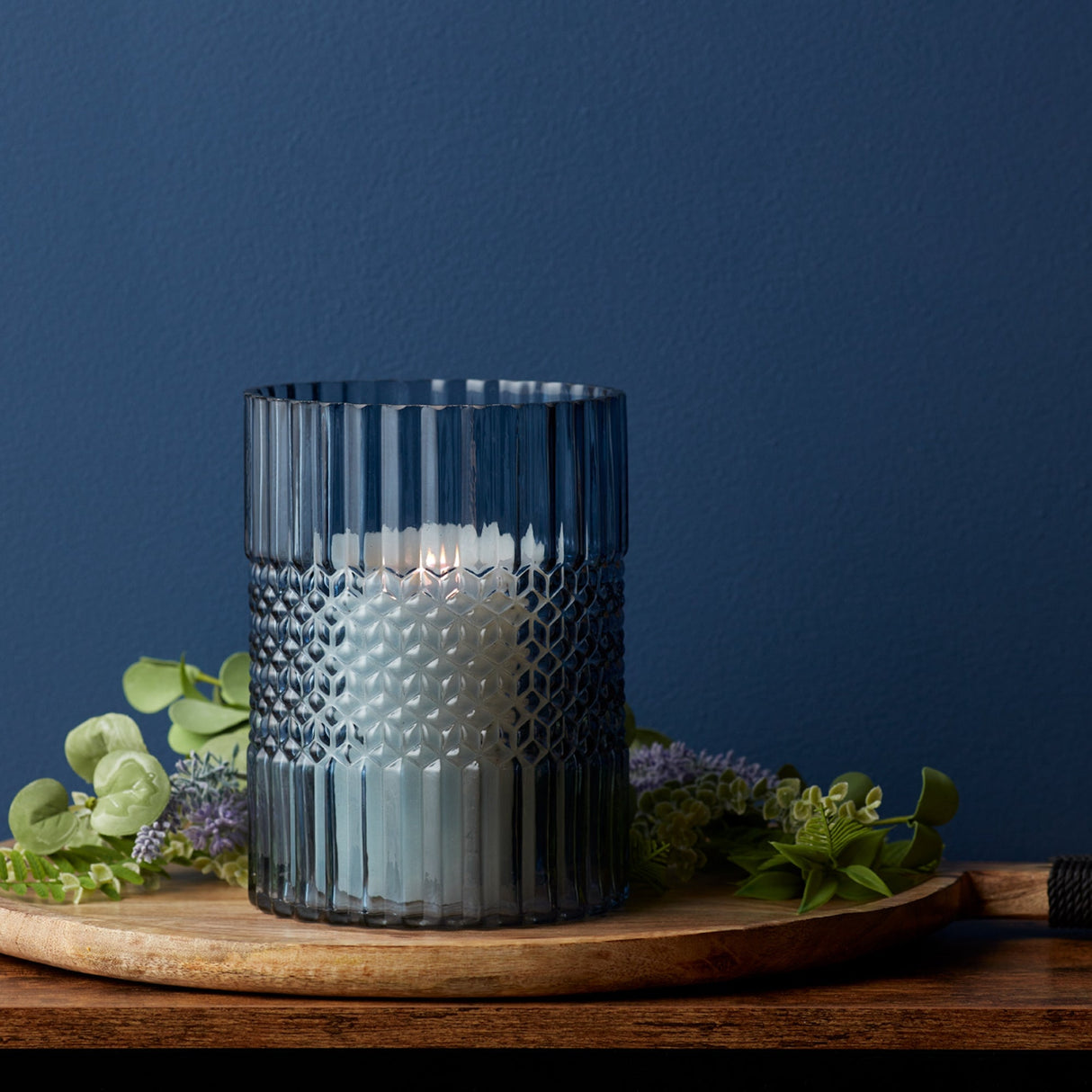 Blue Ribbed Glass Vase or Candle Holder 8"H