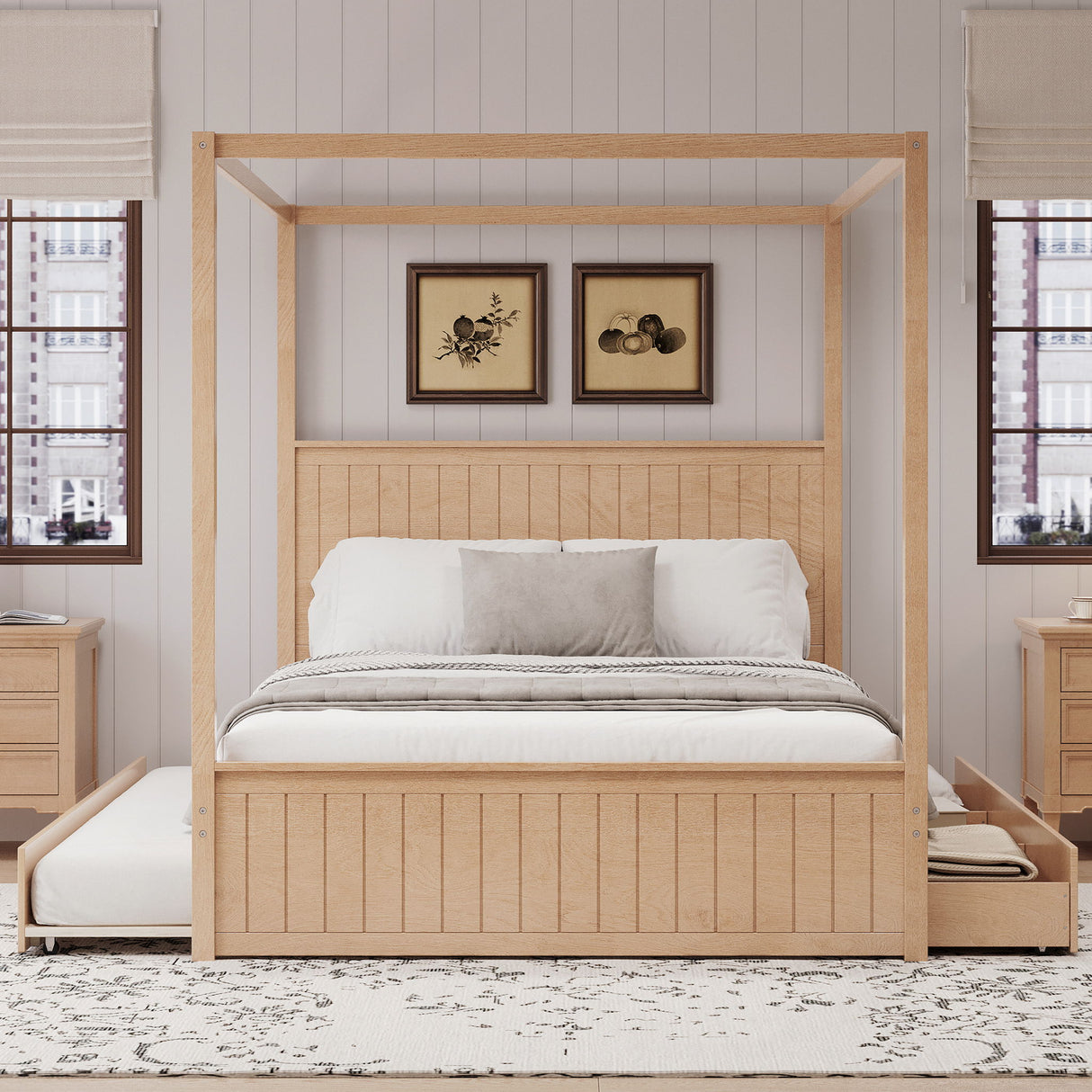 Queen Size Canopy Platform Bed With Trundle And 3 Storage Drawers, 4 Post, No Box Spring Needed - Natural